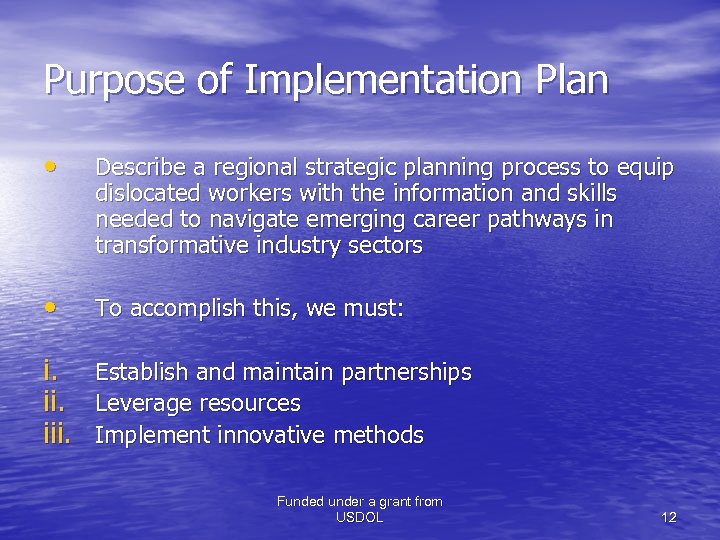 Purpose of Implementation Plan • Describe a regional strategic planning process to equip dislocated