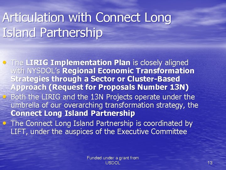 Articulation with Connect Long Island Partnership • The LIRIG Implementation Plan is closely aligned