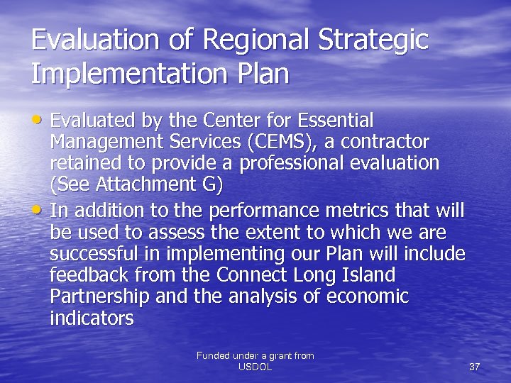 Evaluation of Regional Strategic Implementation Plan • Evaluated by the Center for Essential •