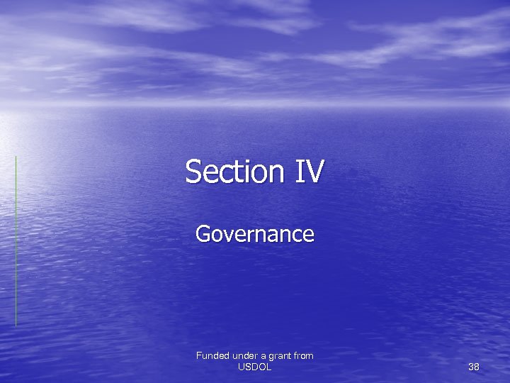 Section IV Governance Funded under a grant from USDOL 38 