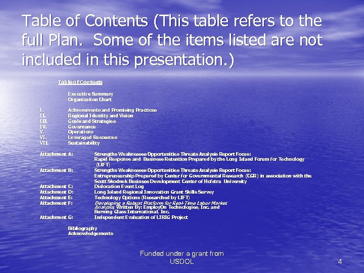Table of Contents (This table refers to the full Plan. Some of the items