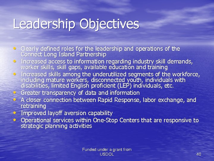 Leadership Objectives • Clearly defined roles for the leadership and operations of the •