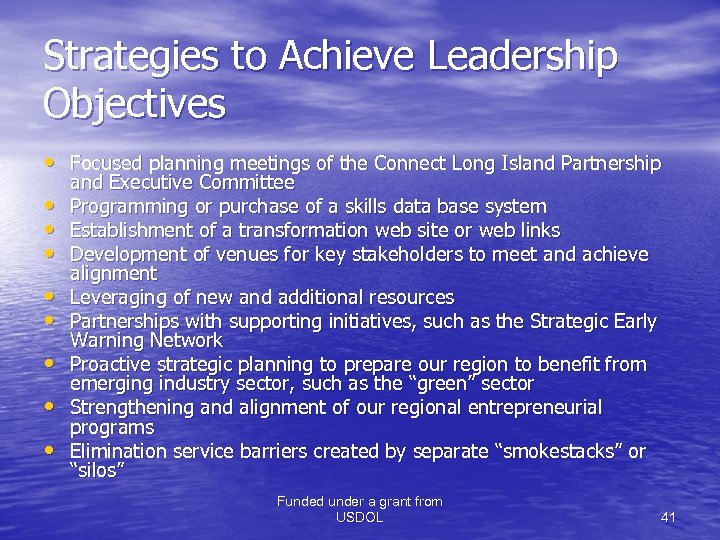 Strategies to Achieve Leadership Objectives • Focused planning meetings of the Connect Long Island