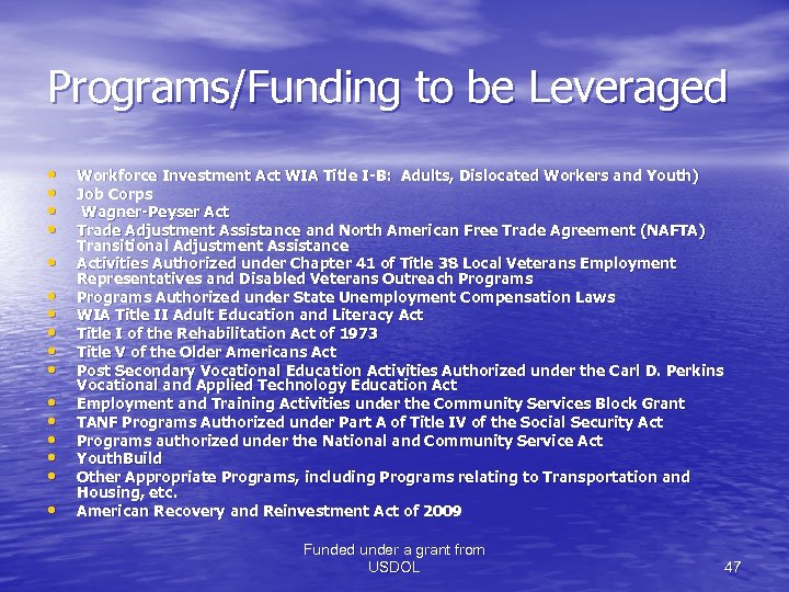 Programs/Funding to be Leveraged • • • • Workforce Investment Act WIA Title I-B: