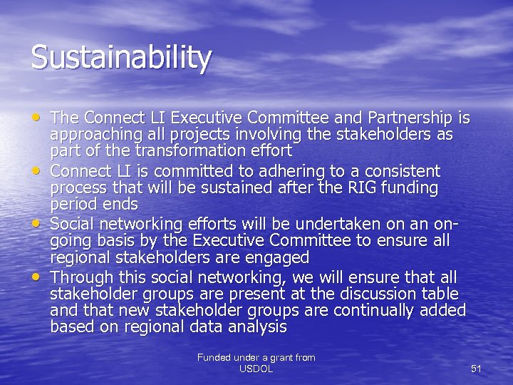 Sustainability • The Connect LI Executive Committee and Partnership is • • • approaching