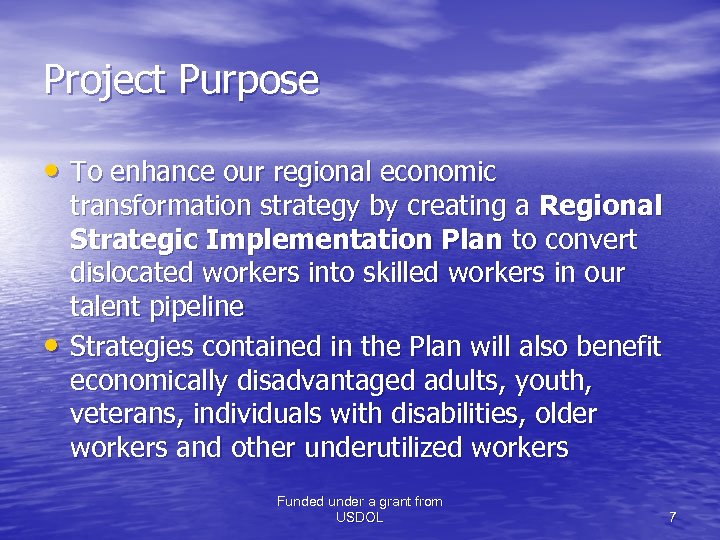 Project Purpose • To enhance our regional economic • transformation strategy by creating a