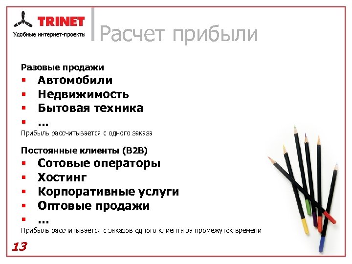 Расчет прибыли Разовые продажи § § Автомобили Недвижимость Бытовая техника. . . Прибыль рассчитывается