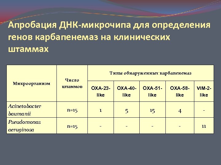 Апробация ДНК-микрочипа для определения генов карбапенемаз на клинических штаммах Типы обнаруженных карбапенемаз Микроорганизм Число