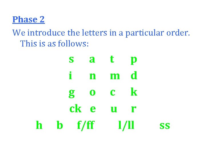 Phase 2 We introduce the letters in a particular order. This is as follows: