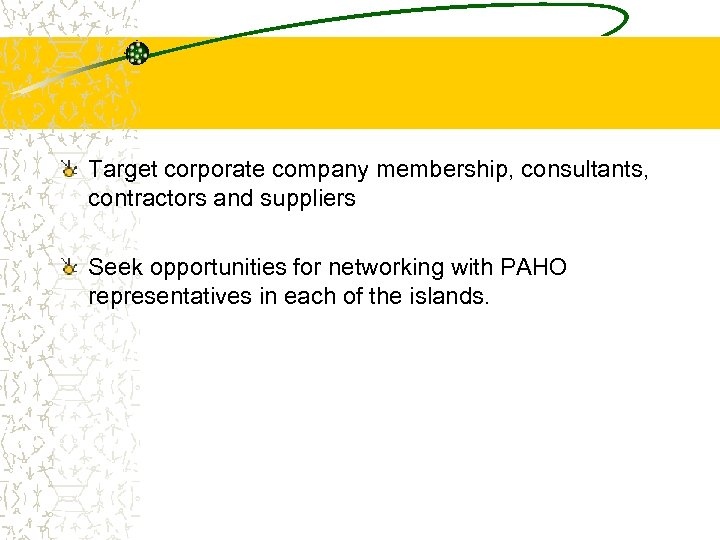 Target corporate company membership, consultants, contractors and suppliers Seek opportunities for networking with PAHO