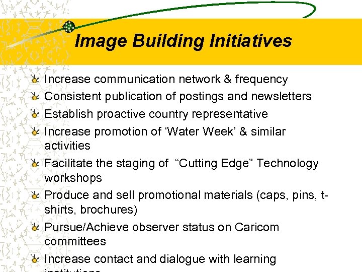 Image Building Initiatives Increase communication network & frequency Consistent publication of postings and newsletters