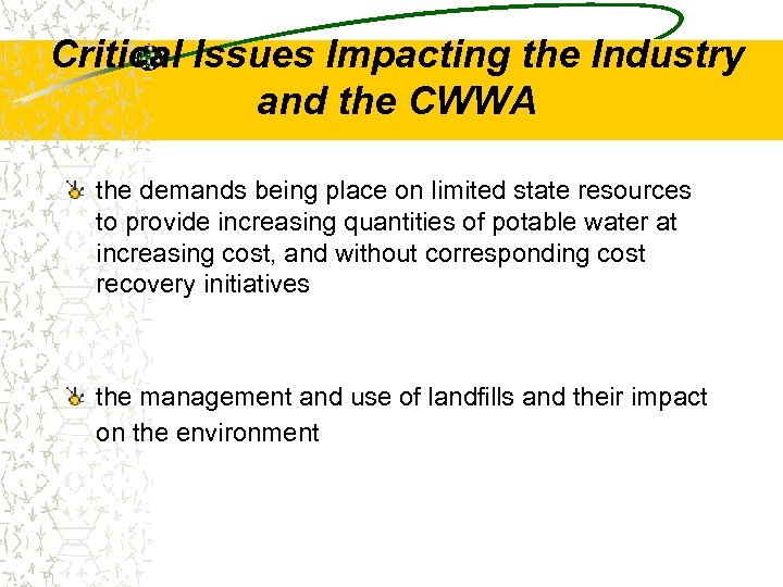 Critical Issues Impacting the Industry and the CWWA the demands being place on limited