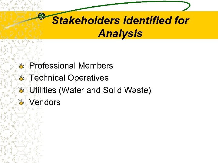 Stakeholders Identified for Analysis Professional Members Technical Operatives Utilities (Water and Solid Waste) Vendors