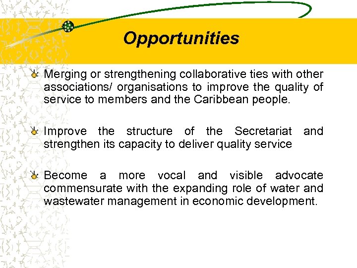 Opportunities Merging or strengthening collaborative ties with other associations/ organisations to improve the quality