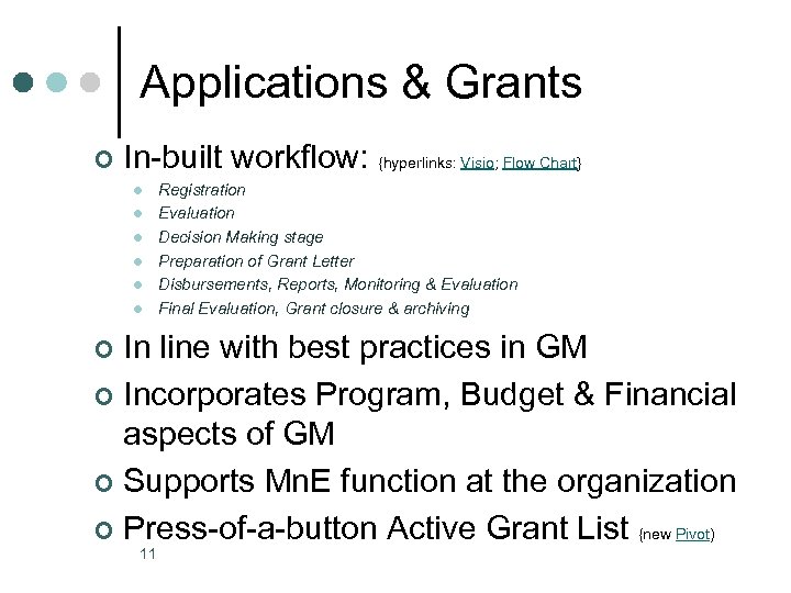 Applications & Grants ¢ In-built workflow: {hyperlinks: Visio; Flow Chart} l l l Registration