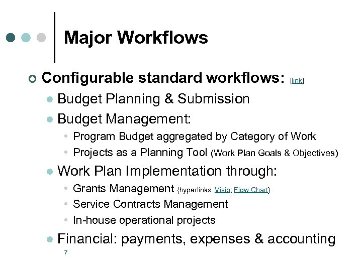 Major Workflows ¢ Configurable standard workflows: {link} Budget Planning & Submission l Budget Management: