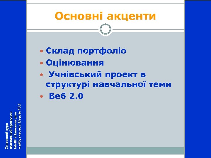 Основні акценти Склад портфоліо Оцінювання Учнівський проект в Основний курс навчальної програми Intel® «Навчання