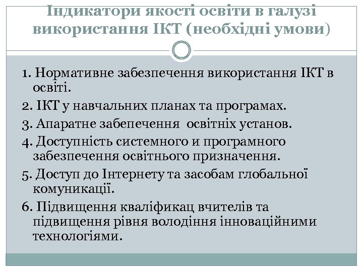 Індикатори якості освіти в галузі використання ІКТ (необхідні умови) 1. Нормативне забезпечення використання ІКТ