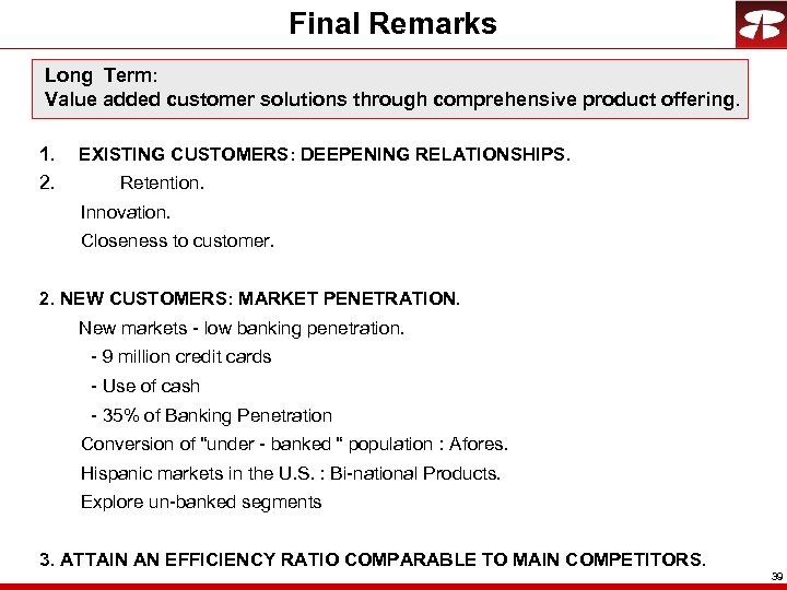 Final Remarks Long Term: Value added customer solutions through comprehensive product offering. 1. 2.