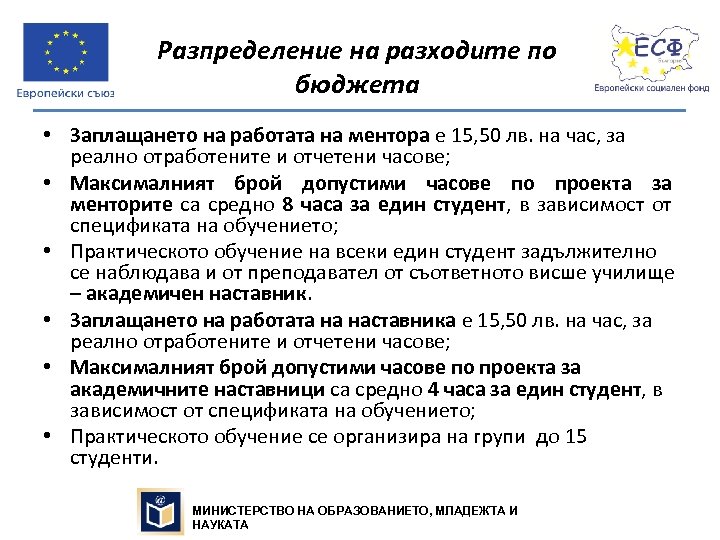 Разпределение на разходите по бюджета • Заплащането на работата на ментора е 15, 50