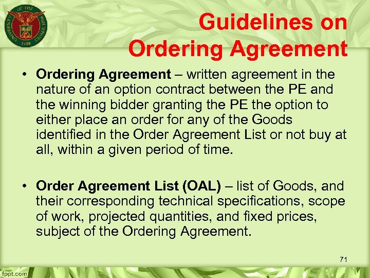 Guidelines on Ordering Agreement • Ordering Agreement – written agreement in the nature of