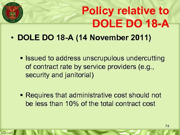 Policy relative to DOLE DO 18 -A • DOLE DO 18 -A (14 November