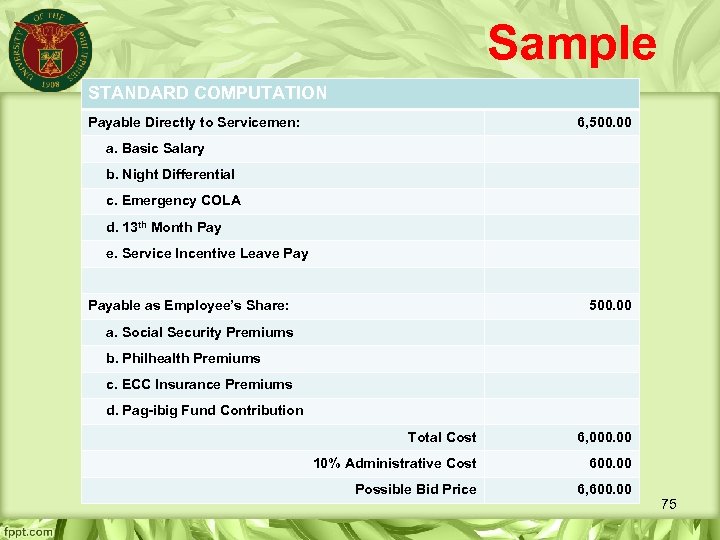 Sample STANDARD COMPUTATION Payable Directly to Servicemen: 6, 500. 00 a. Basic Salary b.