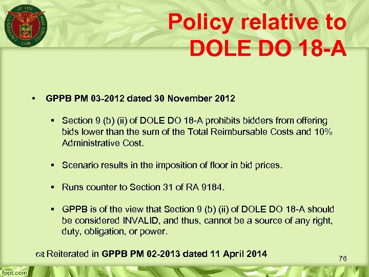 Policy relative to DOLE DO 18 -A • GPPB PM 03 -2012 dated 30