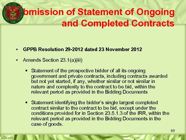 Submission of Statement of Ongoing and Completed Contracts • GPPB Resolution 29 -2012 dated