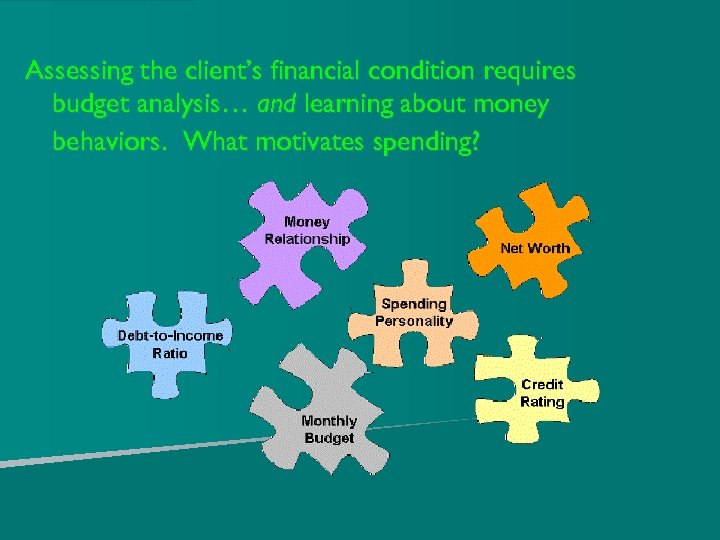 Assessing the client’s financial condition requires budget analysis… and learning about money behaviors. What