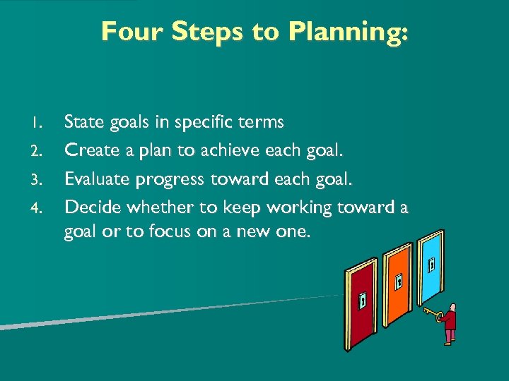 Four Steps to Planning: 1. 2. 3. 4. State goals in specific terms Create
