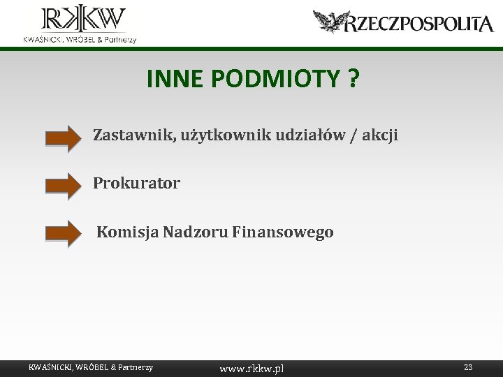 INNE PODMIOTY ? Zastawnik, użytkownik udziałów / akcji Prokurator Komisja Nadzoru Finansowego KWAŚNICKI, WRÓBEL