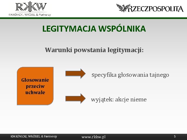 LEGITYMACJA WSPÓLNIKA Warunki powstania legitymacji: Głosowanie przeciw uchwale specyfika głosowania tajnego wyjątek: akcje nieme