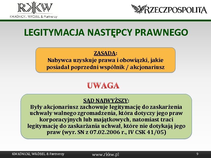 LEGITYMACJA NASTĘPCY PRAWNEGO ZASADA: Nabywca uzyskuje prawa i obowiązki, jakie posiadał poprzedni wspólnik /