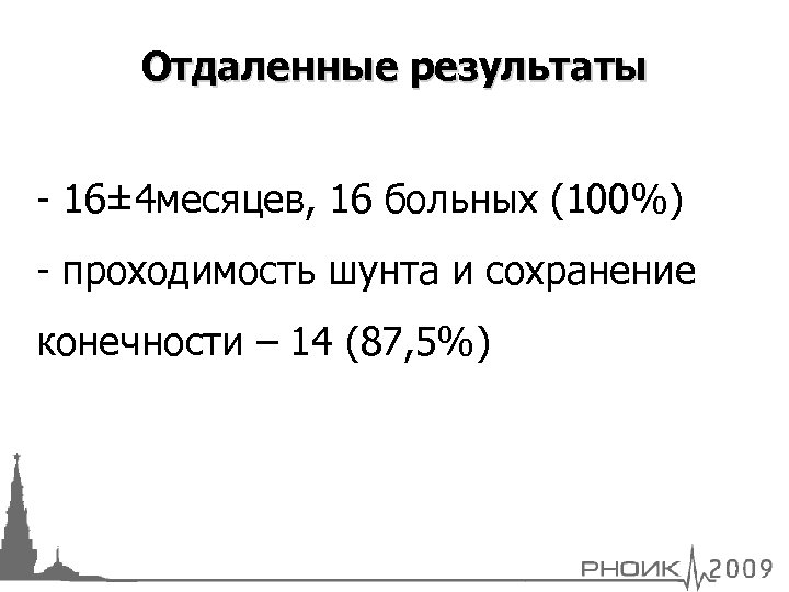 Отдаленные результаты - 16± 4 месяцев, 16 больных (100%) - проходимость шунта и сохранение
