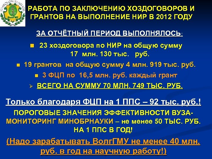 РАБОТА ПО ЗАКЛЮЧЕНИЮ ХОЗДОГОВОРОВ И ГРАНТОВ НА ВЫПОЛНЕНИЕ НИР В 2012 ГОДУ ЗА ОТЧЁТНЫЙ