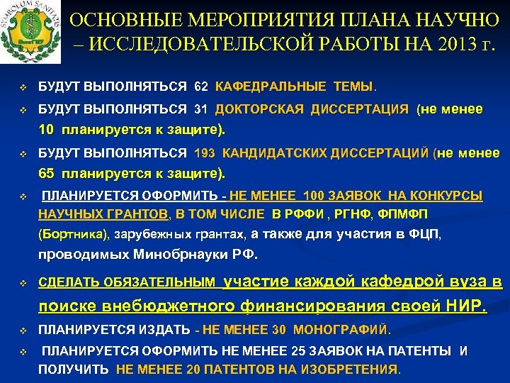 ОСНОВНЫЕ МЕРОПРИЯТИЯ ПЛАНА НАУЧНО – ИССЛЕДОВАТЕЛЬСКОЙ РАБОТЫ НА 2013 г. v БУДУТ ВЫПОЛНЯТЬСЯ 62