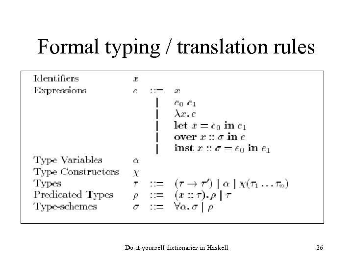 Formal typing / translation rules Do-it-yourself dictionaries in Haskell 26 