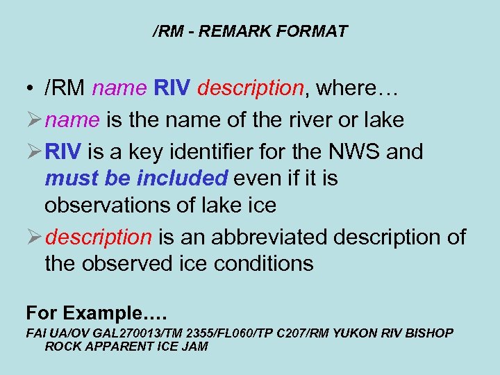 /RM - REMARK FORMAT • /RM name RIV description, where… Ø name is the