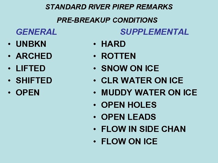 STANDARD RIVER PIREP REMARKS PRE-BREAKUP CONDITIONS • • • GENERAL UNBKN ARCHED LIFTED SHIFTED