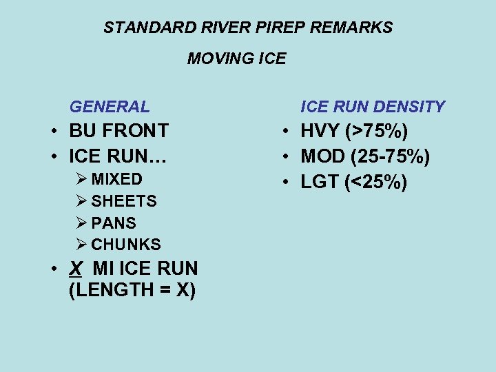 STANDARD RIVER PIREP REMARKS MOVING ICE GENERAL • BU FRONT • ICE RUN… Ø
