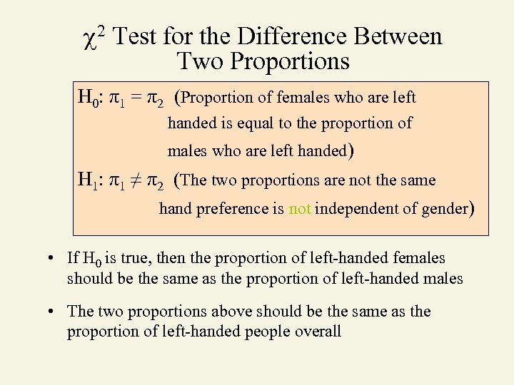  2 Test for the Difference Between Two Proportions H 0: π1 = π2