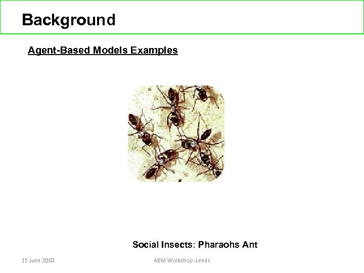 Background Agent-Based Models Examples Social Insects: Pharaohs Ant 15 June 2010 ABM Workshop -Leeds