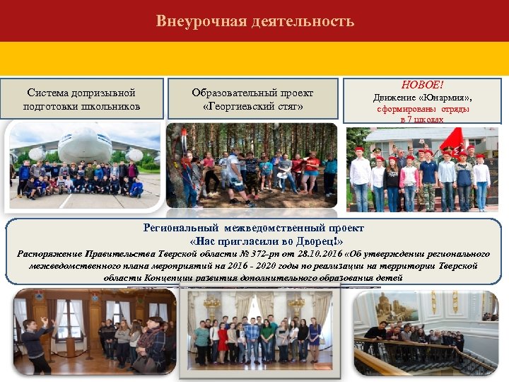Внеурочная деятельность Система допризывной подготовки школьников Образовательный проект «Георгиевский стяг» НОВОЕ! Движение «Юнармия» ,