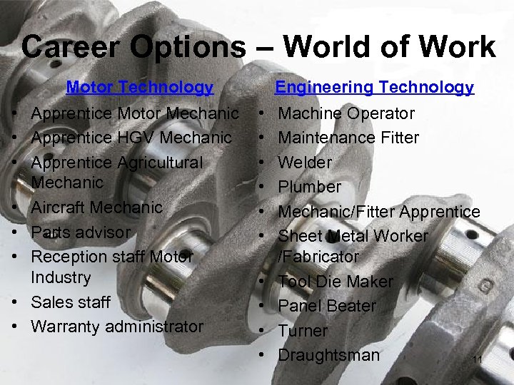 Career Options – World of Work Motor Technology • Apprentice Motor Mechanic • Apprentice