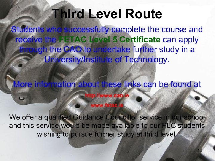 Third Level Route Students who successfully complete the course and receive the FETAC Level