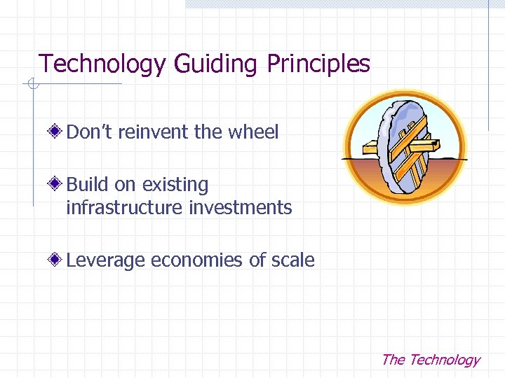 Technology Guiding Principles Don’t reinvent the wheel Build on existing infrastructure investments Leverage economies