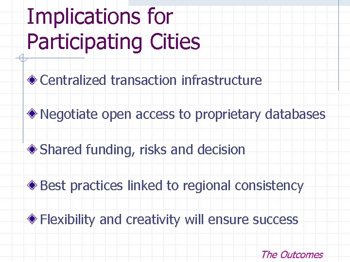 Implications for Participating Cities Centralized transaction infrastructure Negotiate open access to proprietary databases Shared