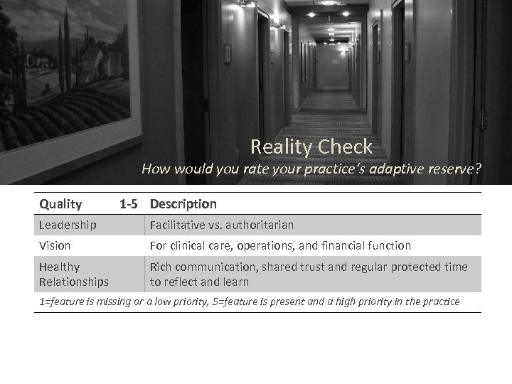 Reality Check How would you rate your practice’s adaptive reserve? Quality 1 -5 Description