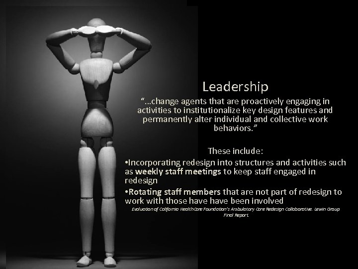 Leadership “…change agents that are proactively engaging in activities to institutionalize key design features